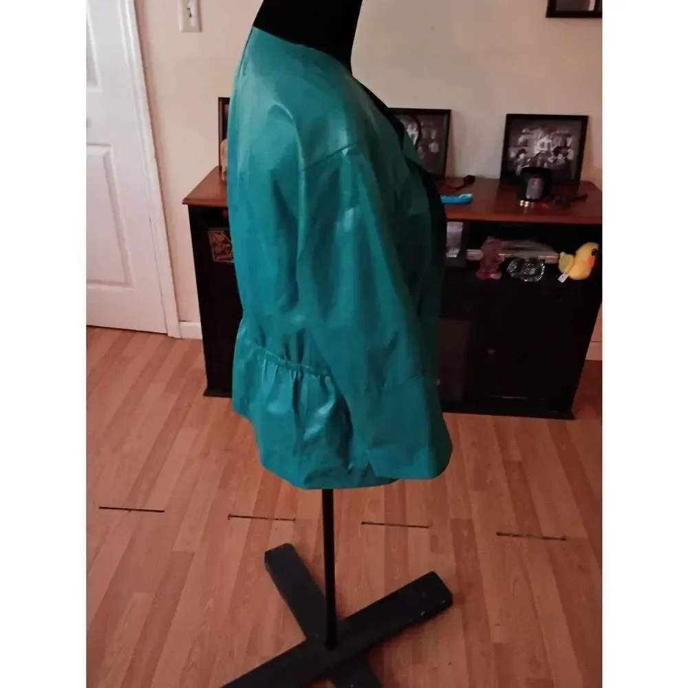 Medium Lafayette 148 New York Teal Lightweight Leather Jacket Leather 3/4 Sleeve
